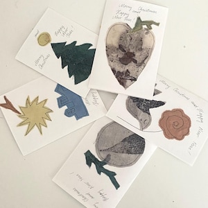 Lot de 5 cartes de Noël, art textile, carte-cadeau de Noël, tissu en lin teint naturellement écologique fait main et design unique, aplique, cousu, fabriqué