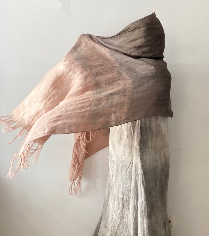 Dusty Pink Linen Scarf, Natural Dyed Shibori Linen Wrap with Tassels, Beige Brown Shawl, Peach Pink Light Large Linen Scarf, Unique Summer image 1