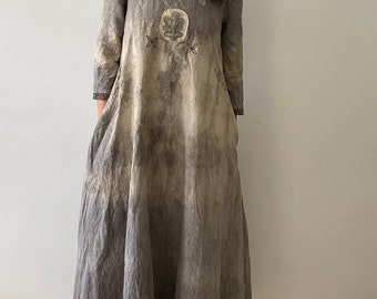 Eco Dyed Linen Simple Long A Line  Dress with 3/4 Sleeves and Pockets, Pure Linen Botanically Dyed Hand-embroidered Fairy Dress S Size