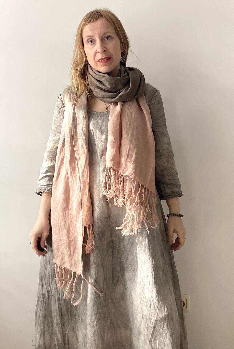 Dusty Pink Linen Scarf, Natural Dyed Shibori Linen Wrap with Tassels, Beige Brown Shawl, Peach Pink Light Large Linen Scarf, Unique Summer image 5
