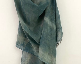 Indigo Shibori Linen Wrap, Indigo Dyed Scarf, Shawl, Naturally Plant Dyed Long Linen Scarf, Botanical Plant Dyed, Tie Die Linen Scarf, Gift