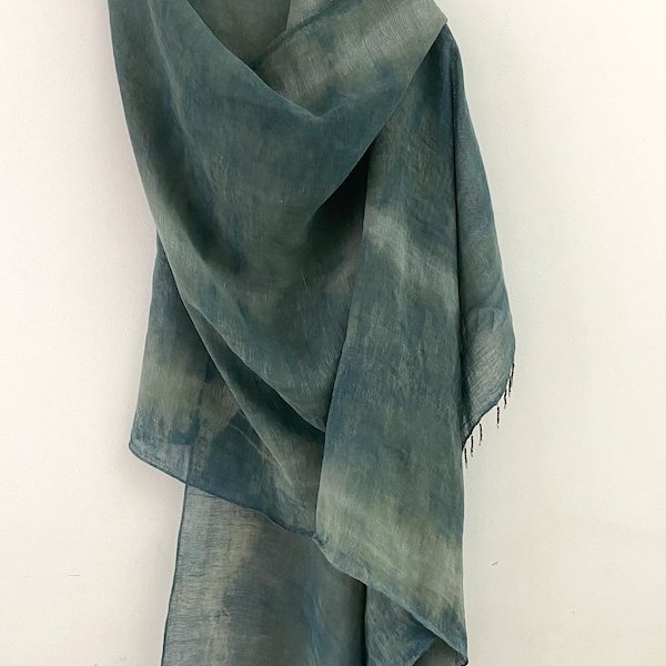 Indigo Shibori Linen Wrap, Indigo Dyed Scarf, Shawl, Naturally Plant Dyed Long Linen Scarf, Botanical Plant Dyed, Tie Die Linen Scarf, Gift