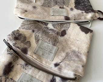 Medium White Black Linen Makeup Bag, Handmade Eco Plant Dyed Natural Linen Cosmetic Bag For Purse,  Zipper Pouch For Travel, as Gift