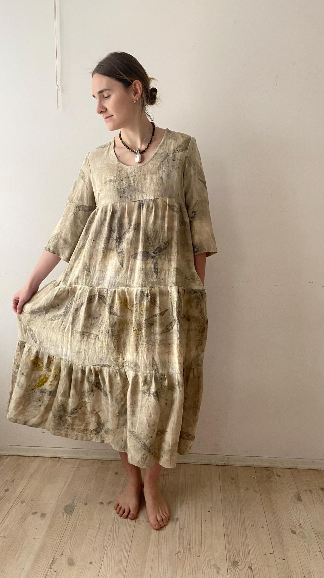 Sicily Khaki Leaf Linen Dress