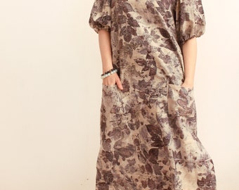 Mit Öko bedruckte Leinen Tunika, natürlich pflanzengefärbte Leinen Kleidung, mittellanges graues Kleid mit Taschen