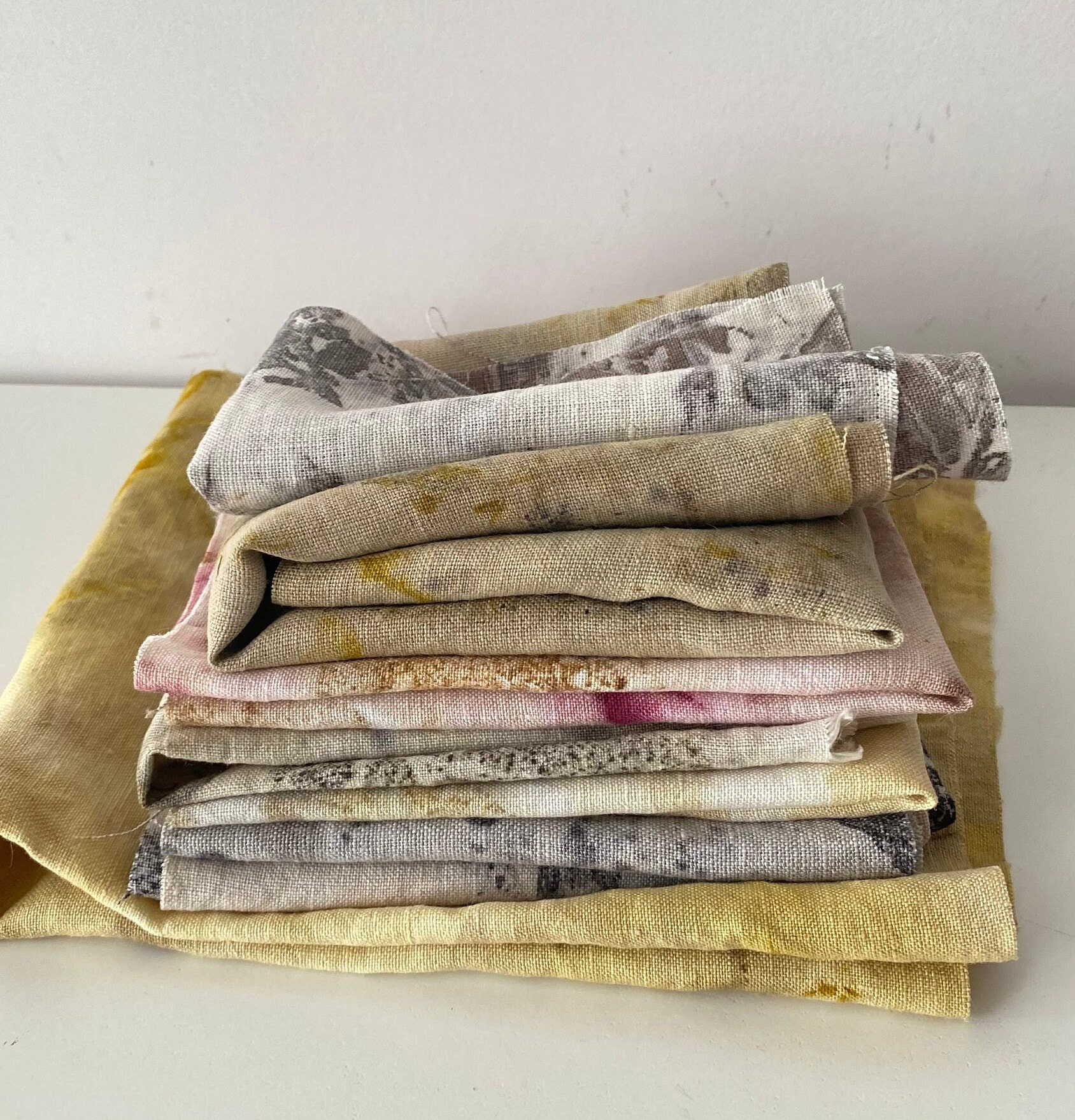 8 Linen Fabric Scraps Gray and Yellow Pink Tones Mix Etsy