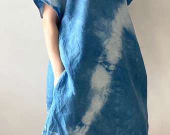 Naturally Indigo Dyed Blue Linen Tunic Dress XL size , Hand Dyed Tie Dye Eco Pure Linen Medium Boho Dress, Midi Relaxed Tunic with Pockets