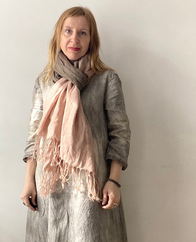 Dusty Pink Linen Scarf, Natural Dyed Shibori Linen Wrap with Tassels, Beige Brown Shawl, Peach Pink Light Large Linen Scarf, Unique Summer image 6