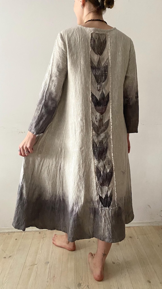 Natural Linen Grey Warm Fall Autumn Winter Dress, Long Sleeves Midi Gown with Pockets, Plant Dyed Ombre M Size, Vintage Rustic Outfit
