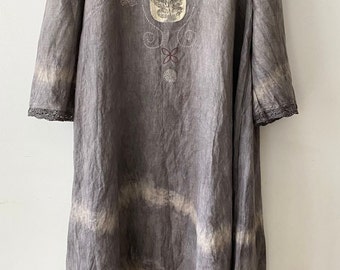Grey Eco Natural Dyed Linen Simple Dress with 3/4 Sleeves and Pockets, Pure Linen Botanically Dyed Hand-embroidered Fairy Long Dress XL Size