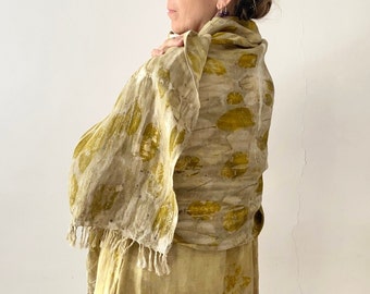 Eco Natural Hand Dyed Beautiful Wrap With Fringe, Eco Printed Summer Ligt Scarf, Green Yellow Linen Scarf Women,Summer Large Soft Shawl