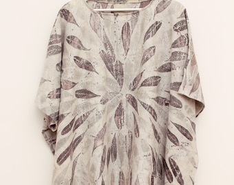 Women's Linen Tunic Kimono Top With Eco Print, Loose Shirt, Naturally Ethical Made, Plant Dyed  Ready To Ship, Sustainable Clothing