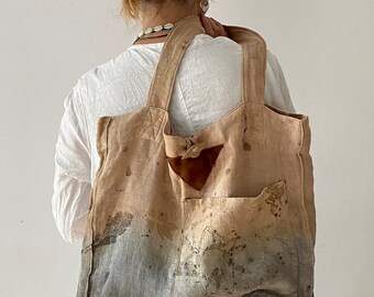 Eco Printed Linen Shopping Bag, Plant Dyed Big Large Tote, Natural Pure Linen Market Bag, Sustainable To Carry, Pink, Black, Beige, Gray