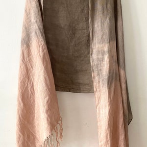 Dusty Pink Linen Scarf, Natural Dyed Shibori Linen Wrap with Tassels, Beige Brown Shawl, Peach Pink Light Large Linen Scarf, Unique Summer image 10