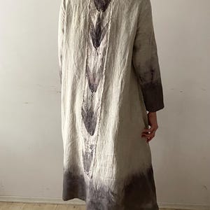 Light Grey Eco Dyed Natural Linen Color Dress, Loose , Gray Dress with Side Pockets, Long Sleeves  Lightweight Embroidered Tunic L Size