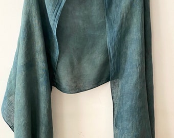 Botanically Dyed Linen Scarf, Organic With Plants Casual Blue Dyed Linen Shawl Wrap, Unisex Light Wide Soft Linen Scarf, Pure Linen Shawl