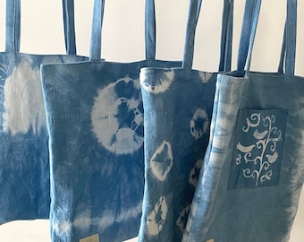 Natuurlijk Indigo Hand Geverfde Tote Bag, Linnen Katoenen Boodschappentas, Handgemaakte Geverfde Unisex Tas, Unieke Handtas, Cadeau voor man, vrouw, tiener