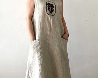 Natural Grey Linen Dress with Pockets, Sleeveless Dress , Washed Linen Tunic for Women, Summer Dress, Hand Embroidered, Decorated Eco-print