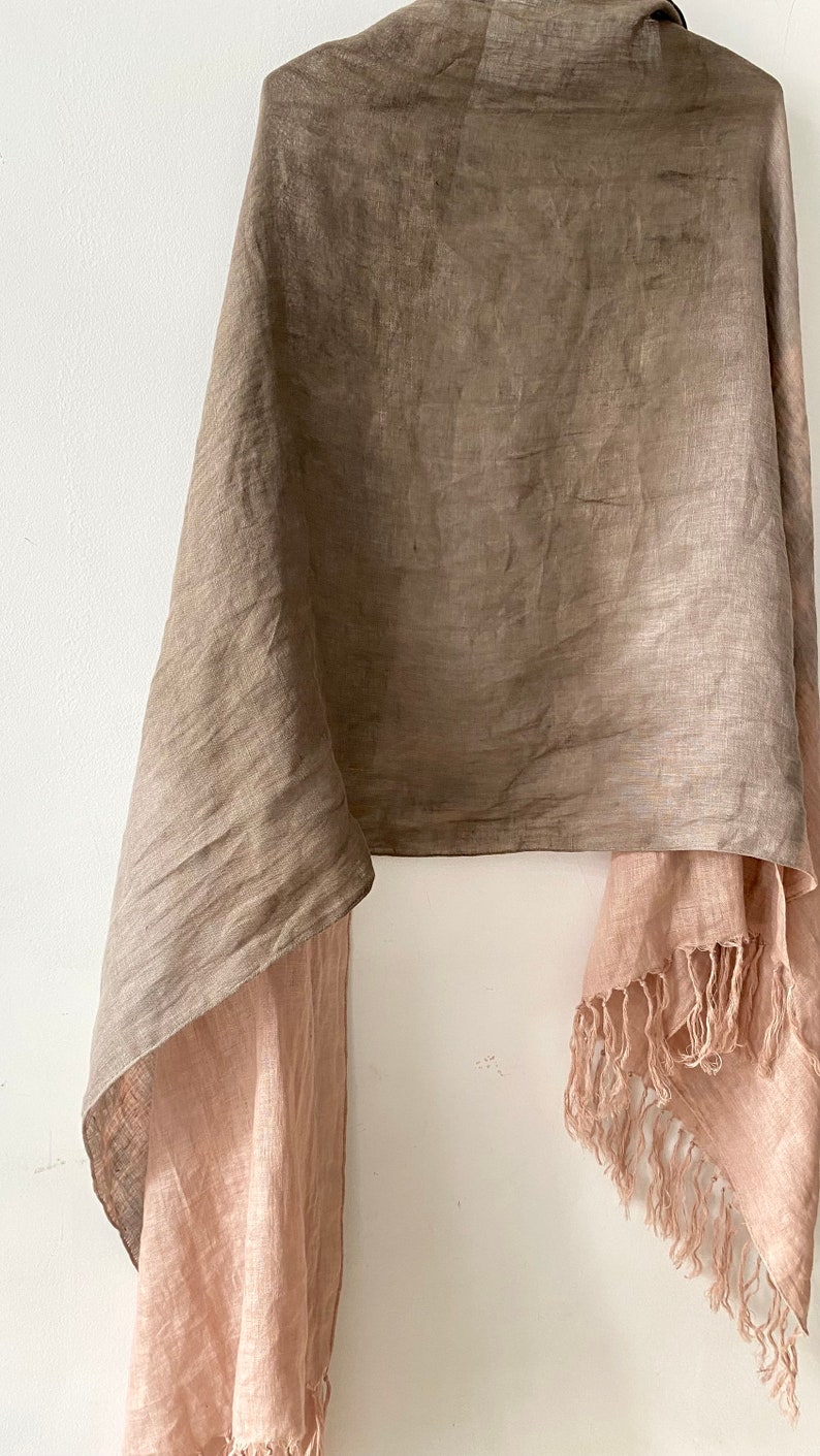 Dusty Pink Linen Scarf, Natural Dyed Shibori Linen Wrap with Tassels, Beige Brown Shawl, Peach Pink Light Large Linen Scarf, Unique Summer image 8