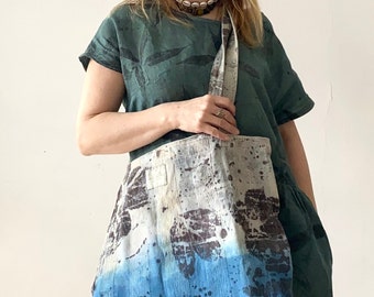 Naturally Dyed Tote Bag, Velvet Large Tote, Cotton  Eco-printed Shopping Bag, Handmade Dyed Cream, Black Bag, Corduroy Velvet Bag, Indigo