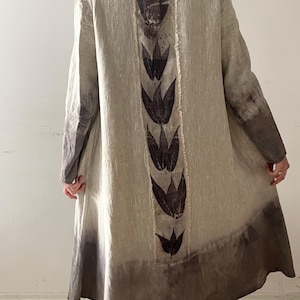 Natural Grey Linen Dress,Flax Tunic Eco Dyed Light Gray Smock  XL Size Avant Garde Vintage Tunic, Eco Dyed, Hand Decorated with Ecoprint
