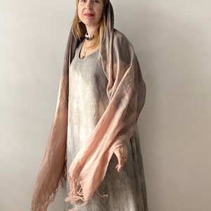 Dusty Pink Linen Scarf, Natural Dyed Shibori Linen Wrap with Tassels, Beige Brown Shawl, Peach Pink Light Large Linen Scarf, Unique Summer image 2