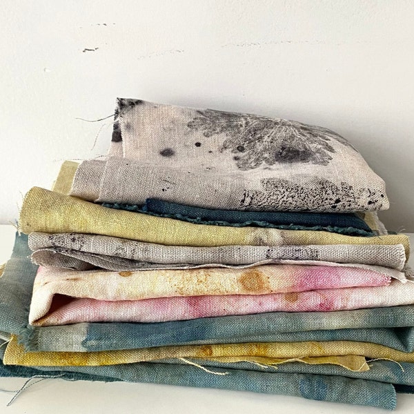 Fabric Sewing Bundle Natural Dyed Linen Offcuts, Quilting , Mending, Embroidery, Zero Waste , Plant Eco Dyed Linen Remnants Scraps _9