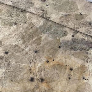 Könnte beinhalten: Ein beigefarbener Stoff mit botanischem Druck, der verschiedene Blattformen in Braun-, Grün- und Grautönen zeigt. Das Textil weist ein natürliches, organisches Muster auf, das durch Blattabdrücke entstanden ist, mit sichtbaren dunklen Flecken.