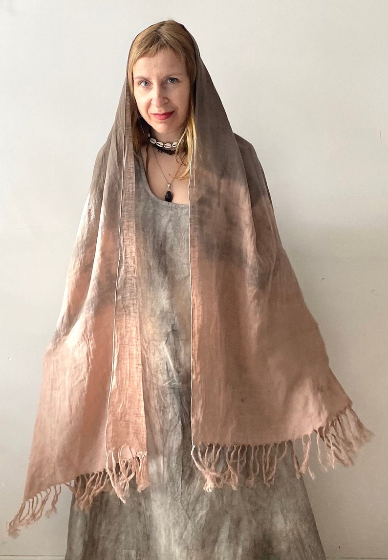 Dusty Pink Linen Scarf, Natural Dyed Shibori Linen Wrap with Tassels, Beige Brown Shawl, Peach Pink Light Large Linen Scarf, Unique Summer image 3
