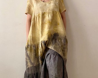 Naturally Dyed Yellow Linen Dress, Mustard , Seam Pockets, Plant Dyed Linen Long Outfit, Botanically Hand Dyed Women Spring Summer, S Size