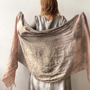 Dusty Pink Linen Scarf, Natural Dyed Shibori Linen Wrap with Tassels, Beige Brown Shawl, Peach Pink Light Large Linen Scarf, Unique Summer image 7