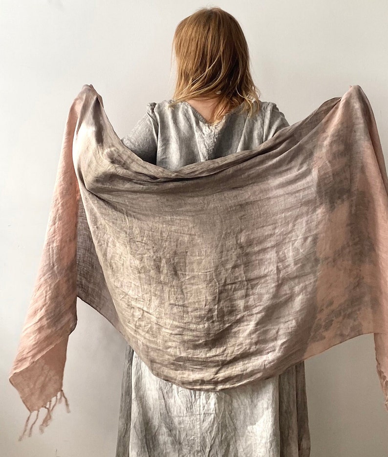 Dusty Pink Linen Scarf, Natural Dyed Shibori Linen Wrap with Tassels, Beige Brown Shawl, Peach Pink Light Large Linen Scarf, Unique Summer image 7