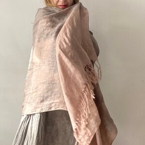 Dusty Pink Linen Scarf, Natural Dyed Shibori Linen Wrap with Tassels, Beige Brown Shawl, Peach Pink Light Large Linen Scarf, Unique Summer image 4