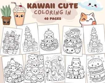 Kawaii Coloring Pages | 40 Pages | Cute Coloring Pages | For Kids and Adults | Digital Download // Fun Colorful, Trending, digital download
