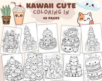 May include: A coloring book with 40 pages featuring cute kawaii illustrations of food, animals, and other fun characters. The cover shows a milkshake with a cherry on top, a cat, and a cloud with a smiley face.