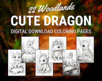 May include: A collection of digital download coloring pages featuring cute dragon illustrations. The title text reads "22 Woodlands Cute Dragon" with the subtitle "Digital Download Coloring Pages". The images are black and white line drawings of various dragons.