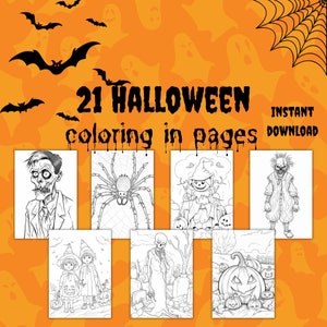 21 Halloween Scary Creepy Horror Coloring Pages, Bright Grayscale, Printable Kids & Adult Coloring Pages, Download Grayscale Illustration