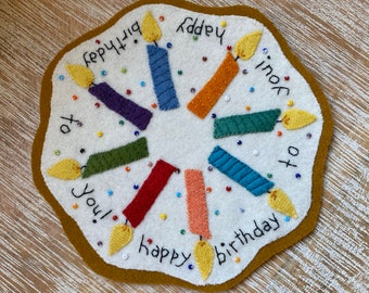 Happy Birthday Wool Candle Mat * Penny Rug  * Happy Birthday * Birthday Candles *