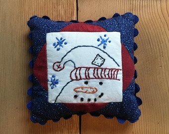 Snowman Quilted Embroidered Pin Cushion * Hand Stitched * Sewing * Christmas Gift * Bowl Filler