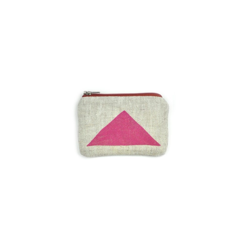 Coin Purse, Pink Triangle Blockprint, with Orange Metal Zipper image 1