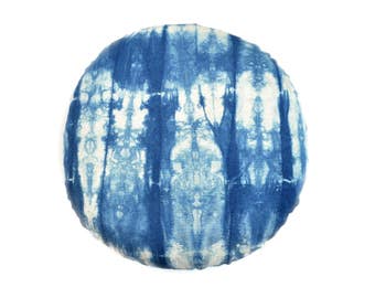 Shibori Indigo Round Pillow, Loose Stripe Pattern, 16” Hand Dyed Linen Cushion