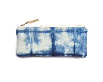 Linen Pencil Case in Indigo Shibori Grid Pattern with Metal Zipper and Gold-flecked Pull