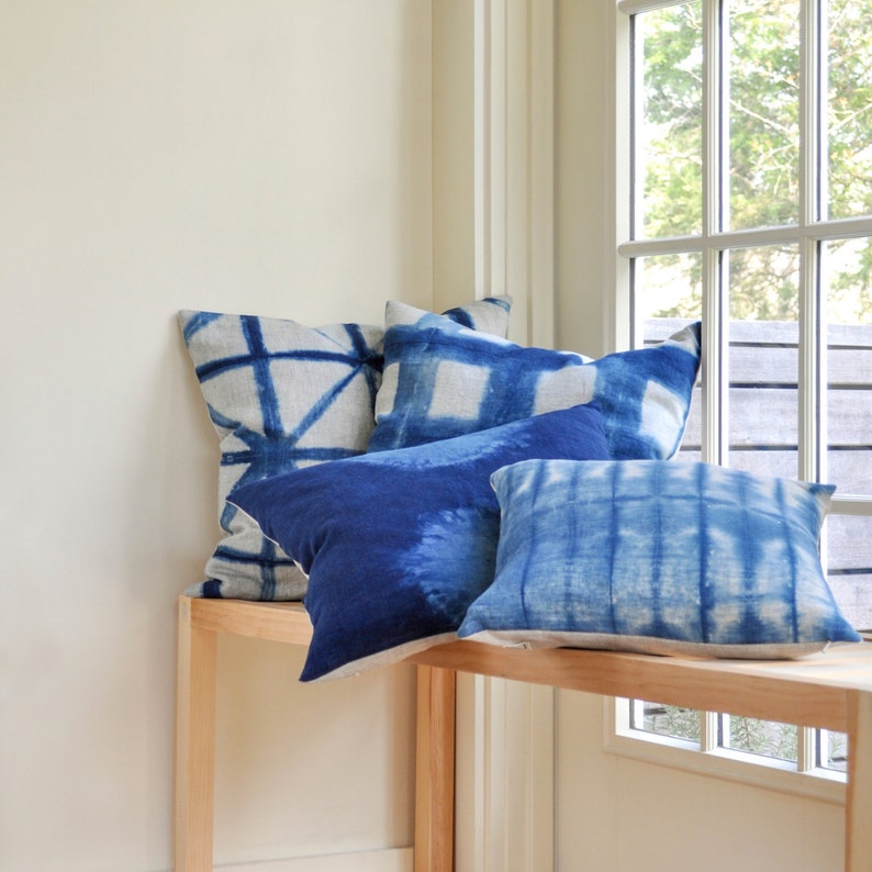 Shibori Indigo Stripe Pillow 20x20 Hand Dyed Linen Cushion Etsy