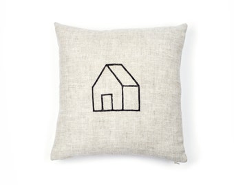 Linen Home Pillow—12x12 blockprinted home image in black ink on natural linen, with down insert