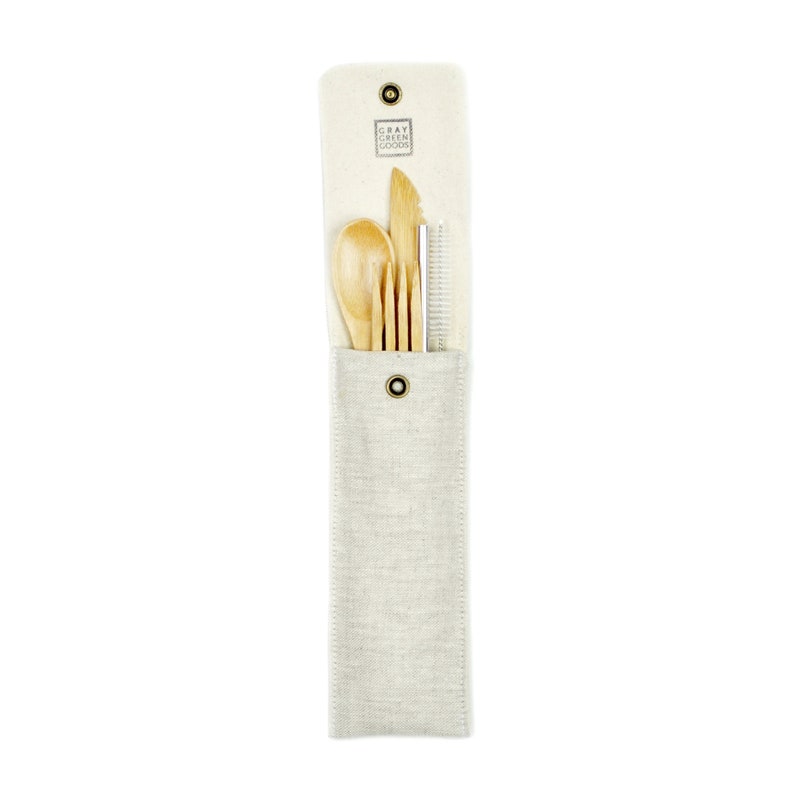 Zero Waste Kit, NATURAL Linen Reusable Pouch with Bamboo Utensils and Metal Straw, for School, Work and Travel image 2