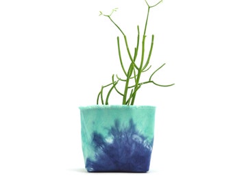 Tie Dye Planter, Navy and Turquoise Starburst— 4" Size — Hand Dyed Canvas Plant Bucket, for Plants and Other Small Things