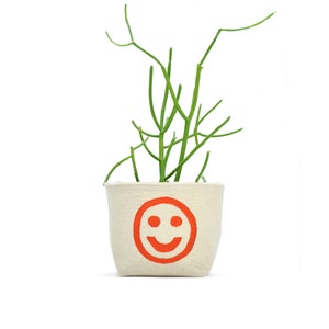 Smiley Face Blockprint Canvas Planter, 4 Size, Blockprint Canvas Bucket image 1