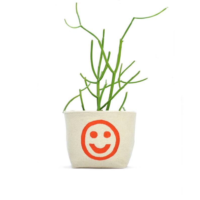 Smiley Face Blockprint Canvas Planter, 4 Size, Blockprint Canvas Bucket image 1