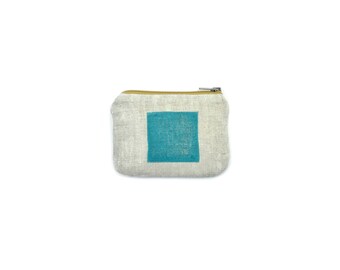 Linen Coin Purse, Turquoise Square Blockprint, with Tan Metal Zipper