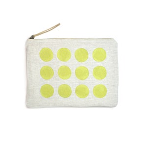 Blockprint Linen Clutch, Vegan Zip Bag Chartreuse